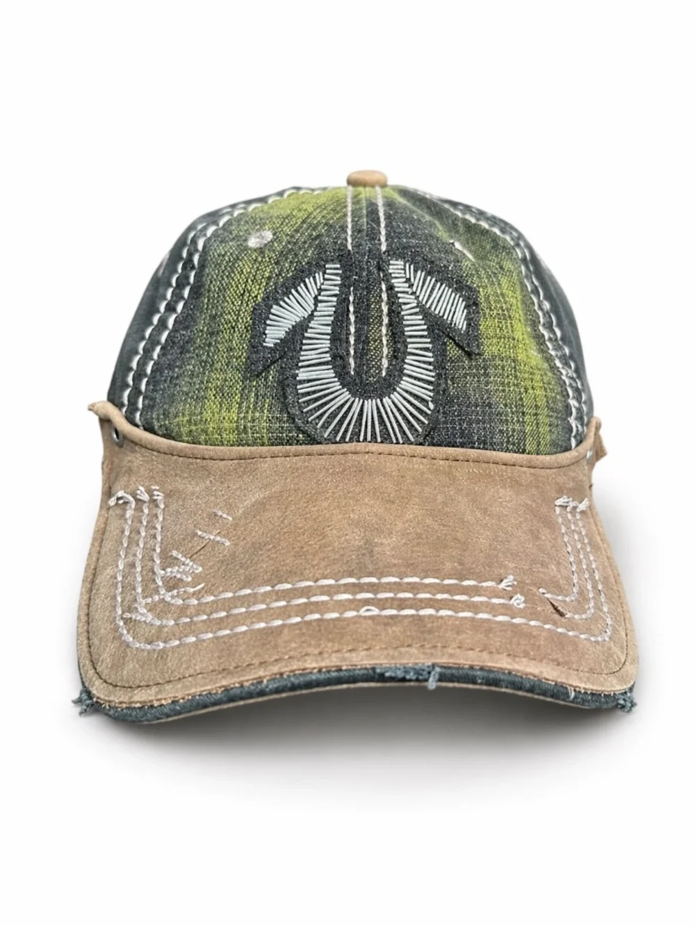 RARE Vintage True Religion Distressed Plaid Trucker Hat Y2K Horseshoe OS
